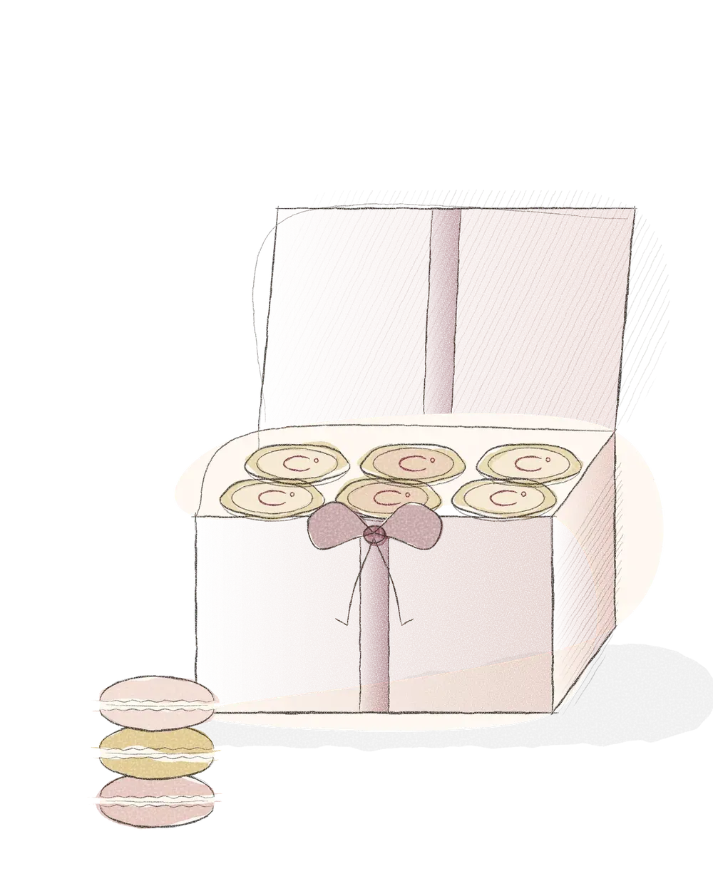 Pencil drawing of an open treat box of iced logo cookies tied with a wine ribbon, beside a stack of macarons