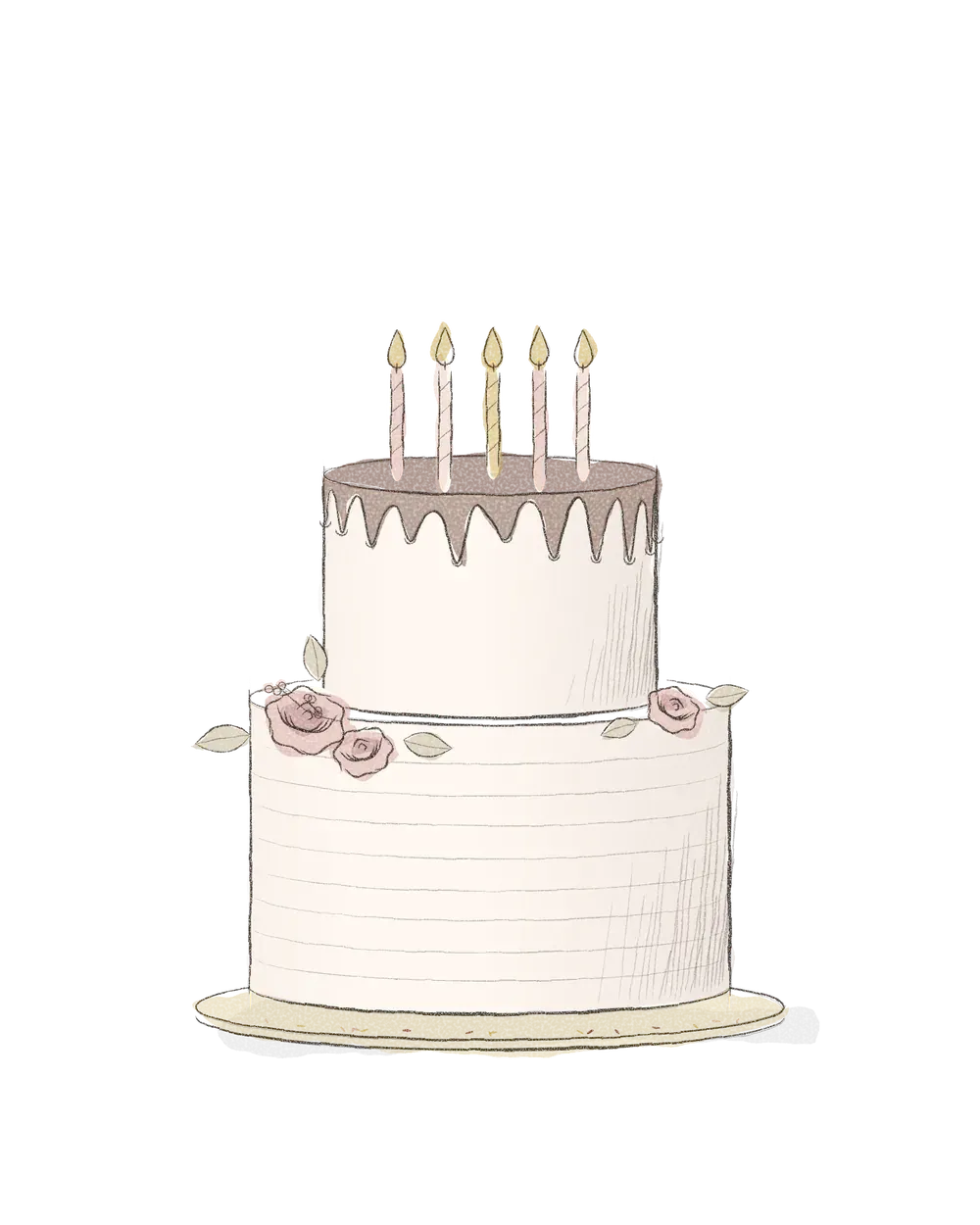 Pencil drawing of a two-tier birthday cake with a chocolate drip, five candles and roses