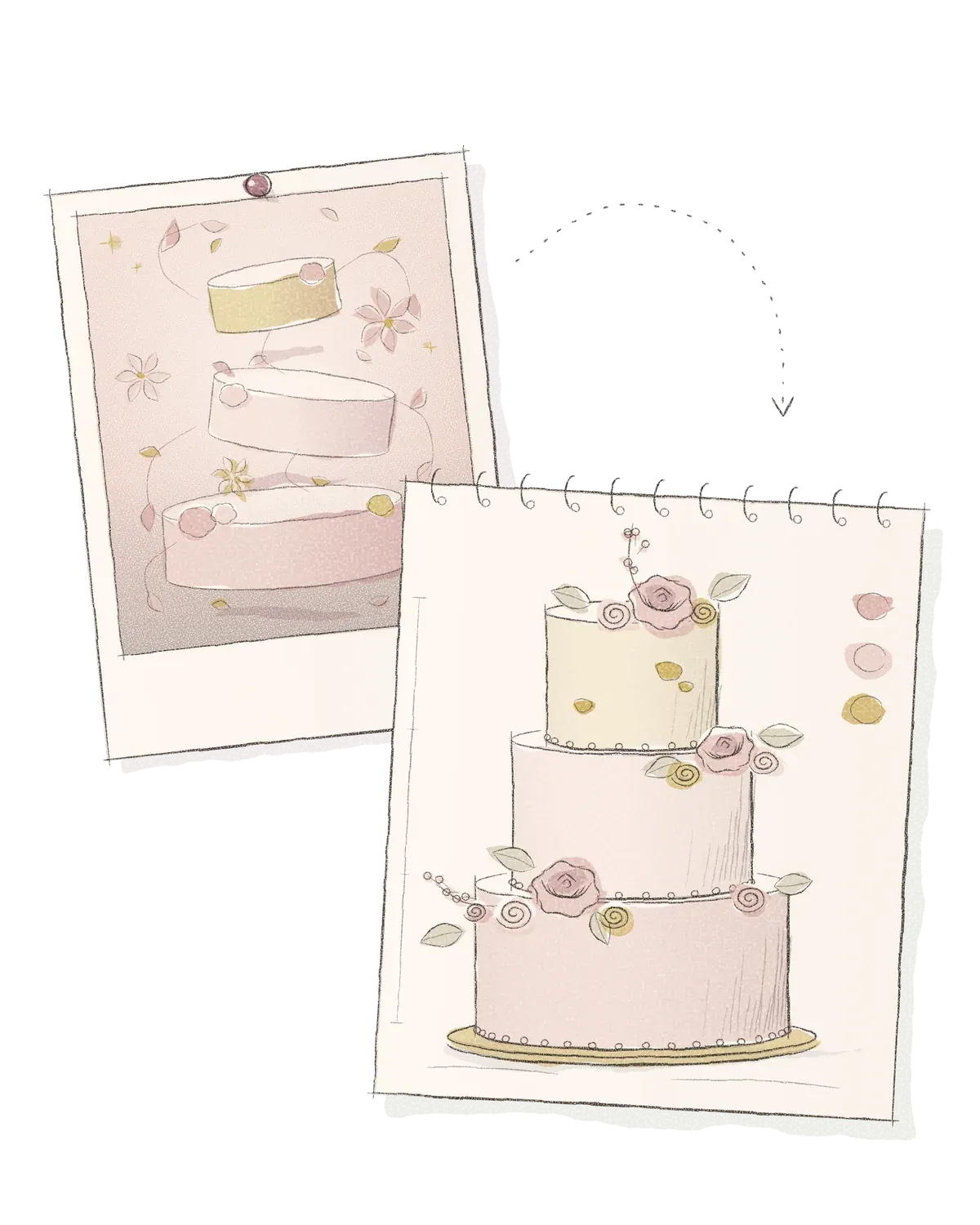 Pencil drawing of an AI cake photo with floating tiers, pinned beside a sketchbook page showing the real stacked cake made from it