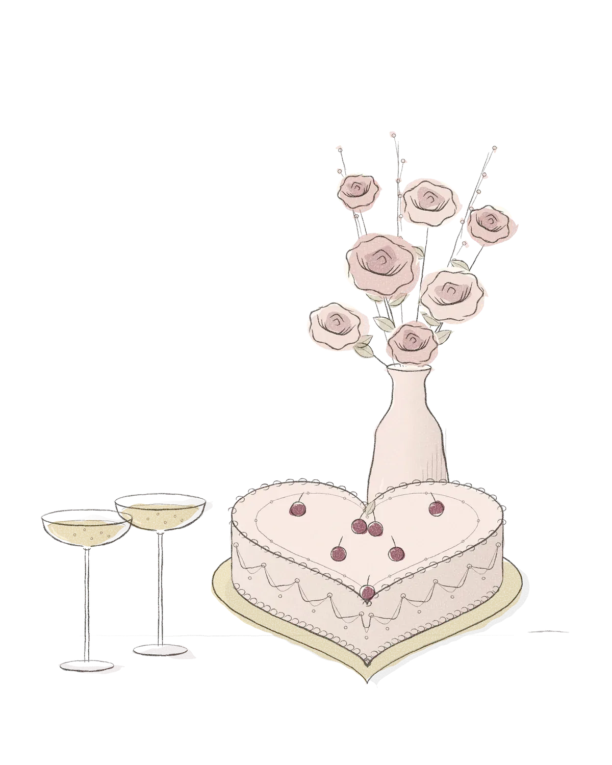 Pencil drawing of a heart-shaped cake with cherries beside two champagne coupes and a vase of garden roses