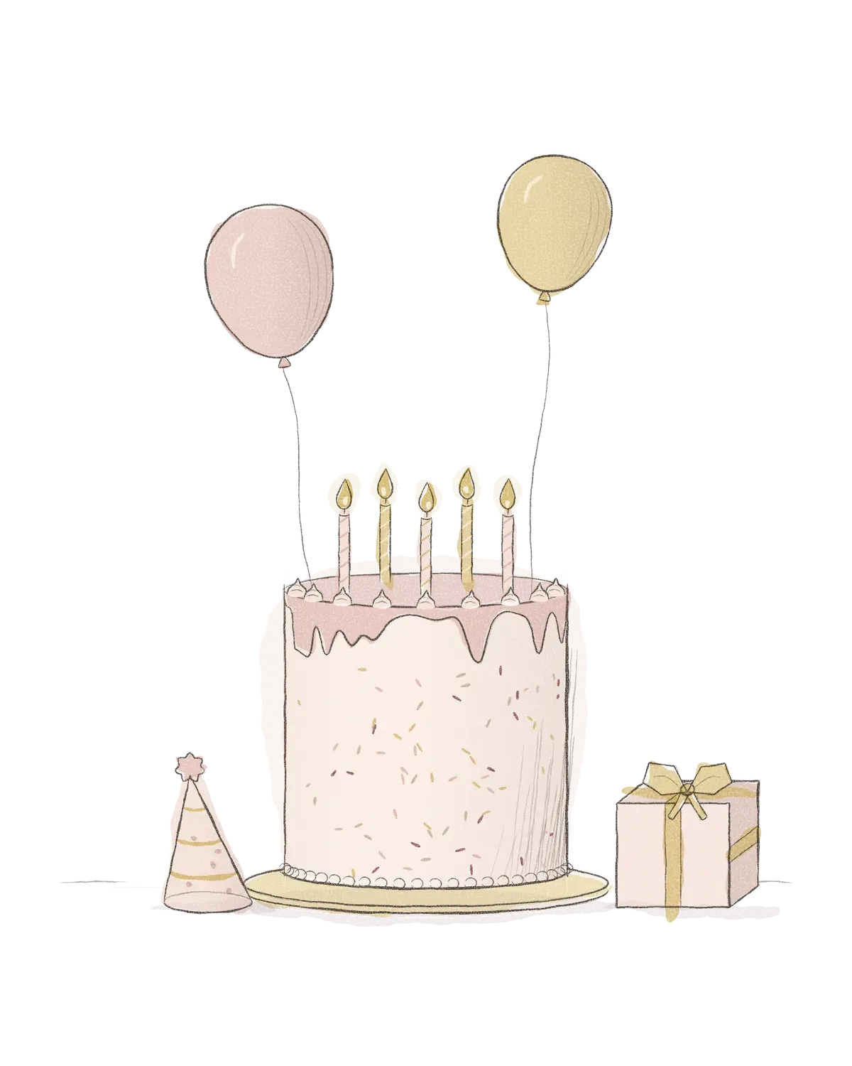 Pencil drawing of a tall birthday cake with lit candles, two balloons, a party hat and a wrapped gift