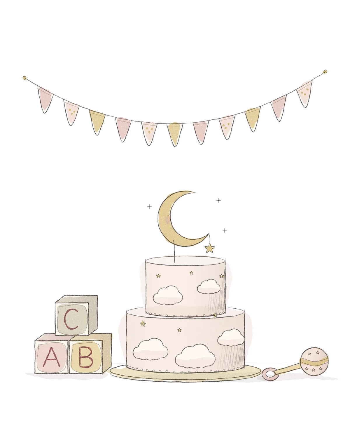 Pencil drawing of a two-tier cloud and moon cake with baby blocks, a rattle and paper bunting