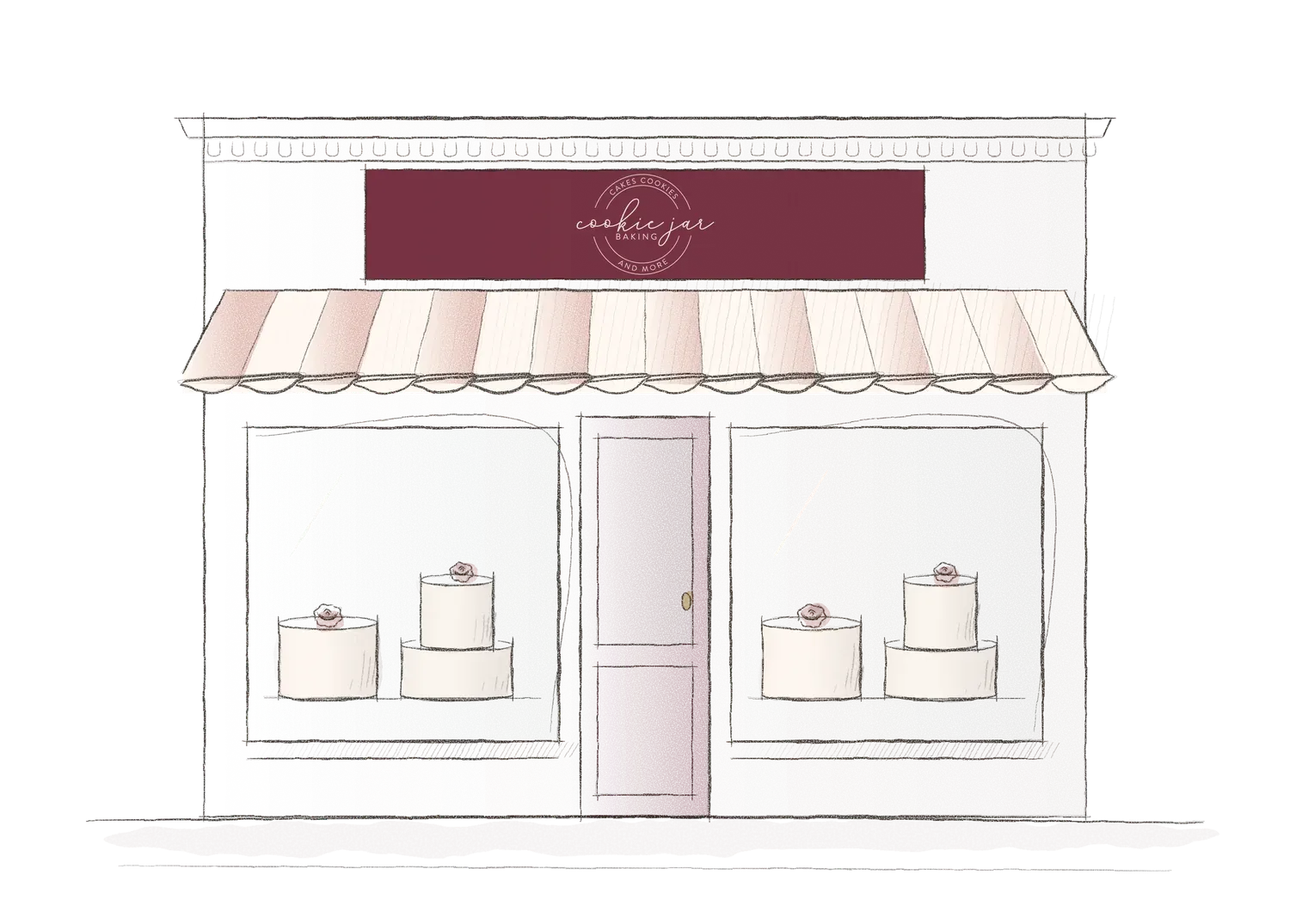 Pencil drawing of the Cookie Jar shopfront on Front Street, with a striped awning, two display windows of cakes and bay trees by the door