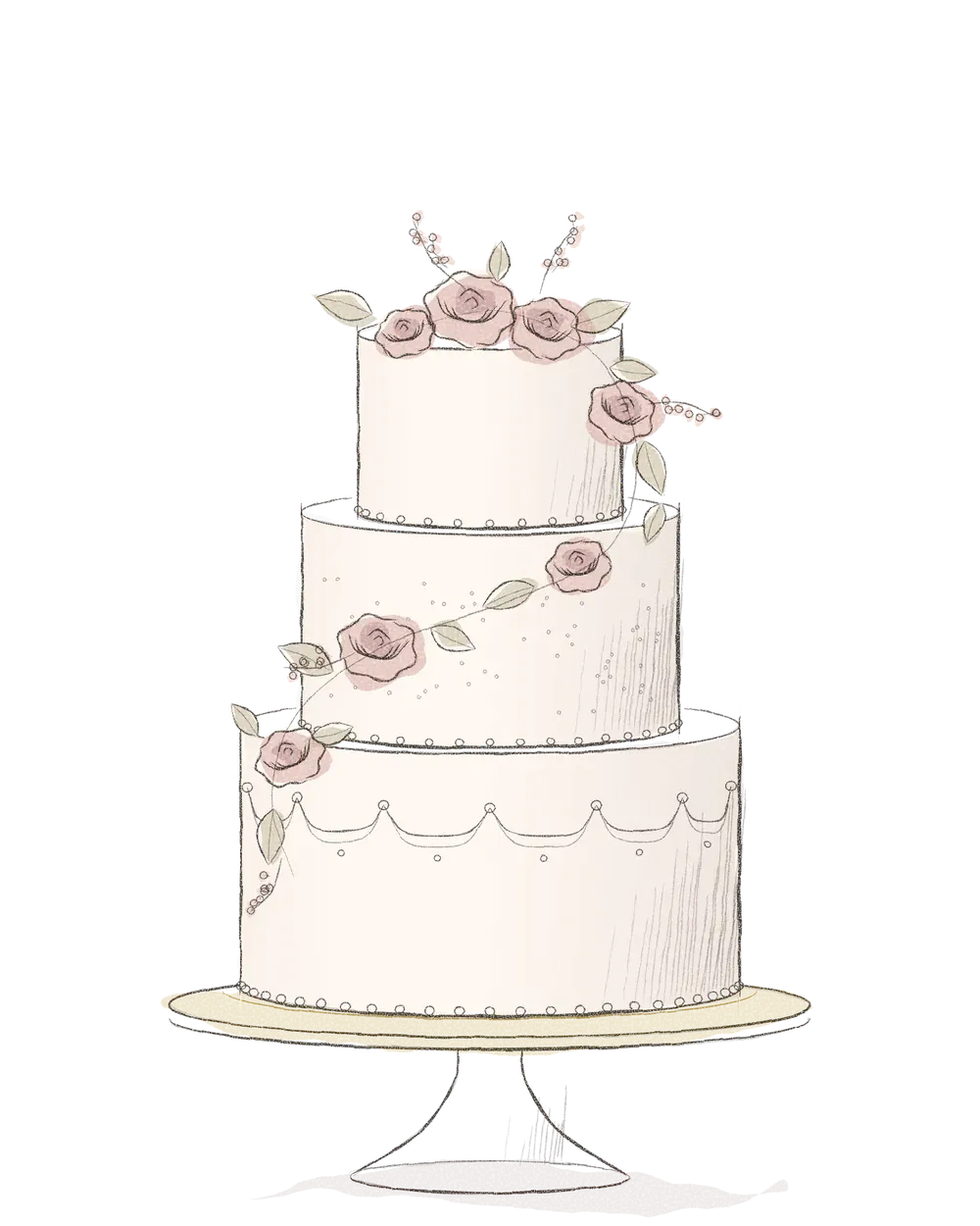 Pencil drawing of a three-tier wedding cake with a cascade of garden roses on a gold stand